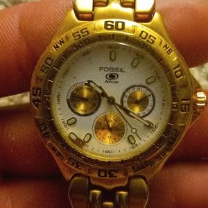 Men's Blue Fossil Rare Big Face Polished Goldtonw Chronological